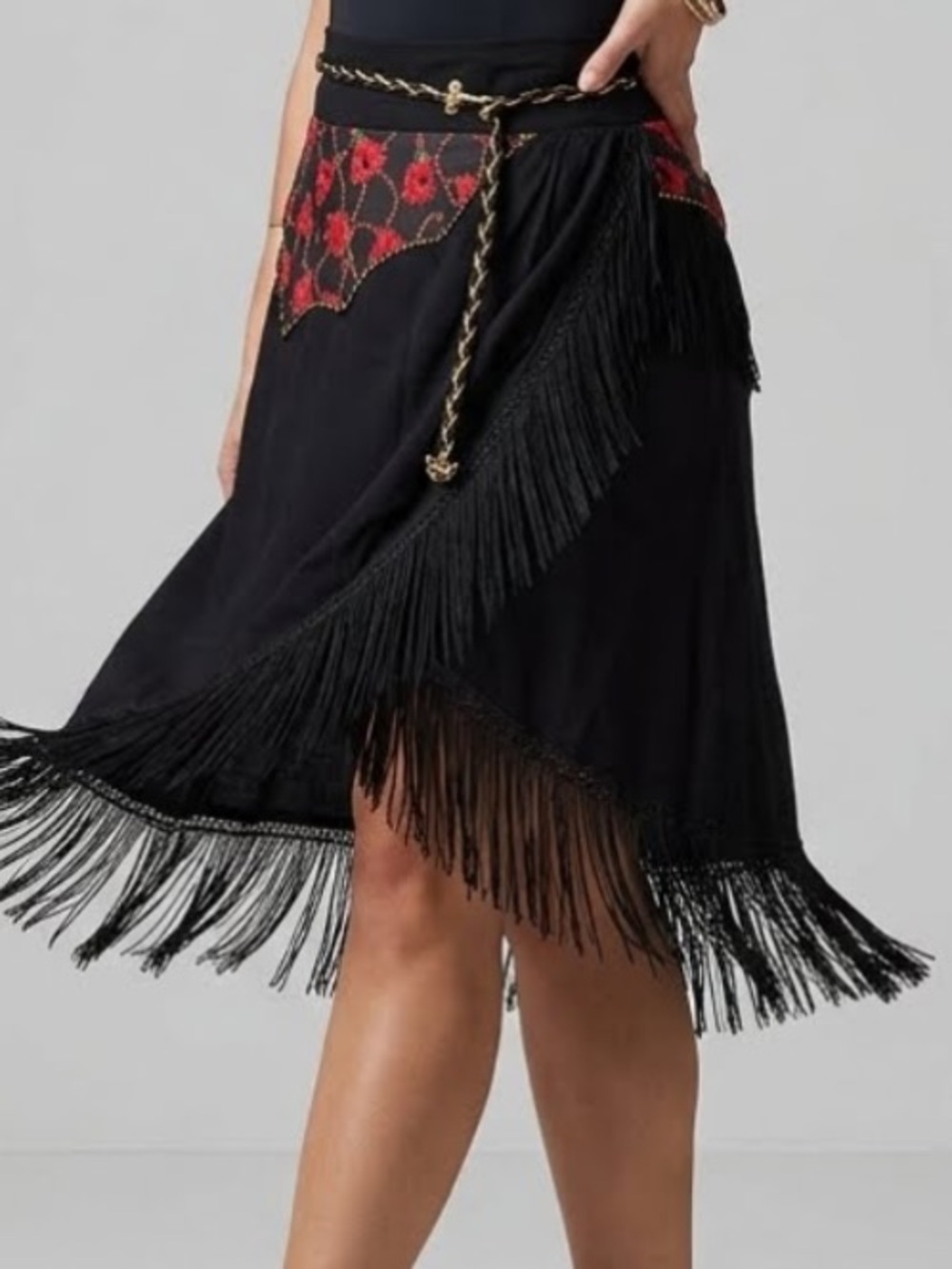 Vintage Fringe Dance Tango Wrap Skirt Black/Red Floral Appliqué Festival Small